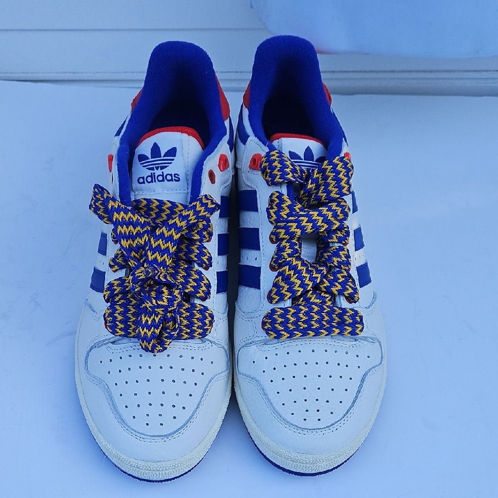 Adidas White and Blue Sneakers with Vibrant Laces